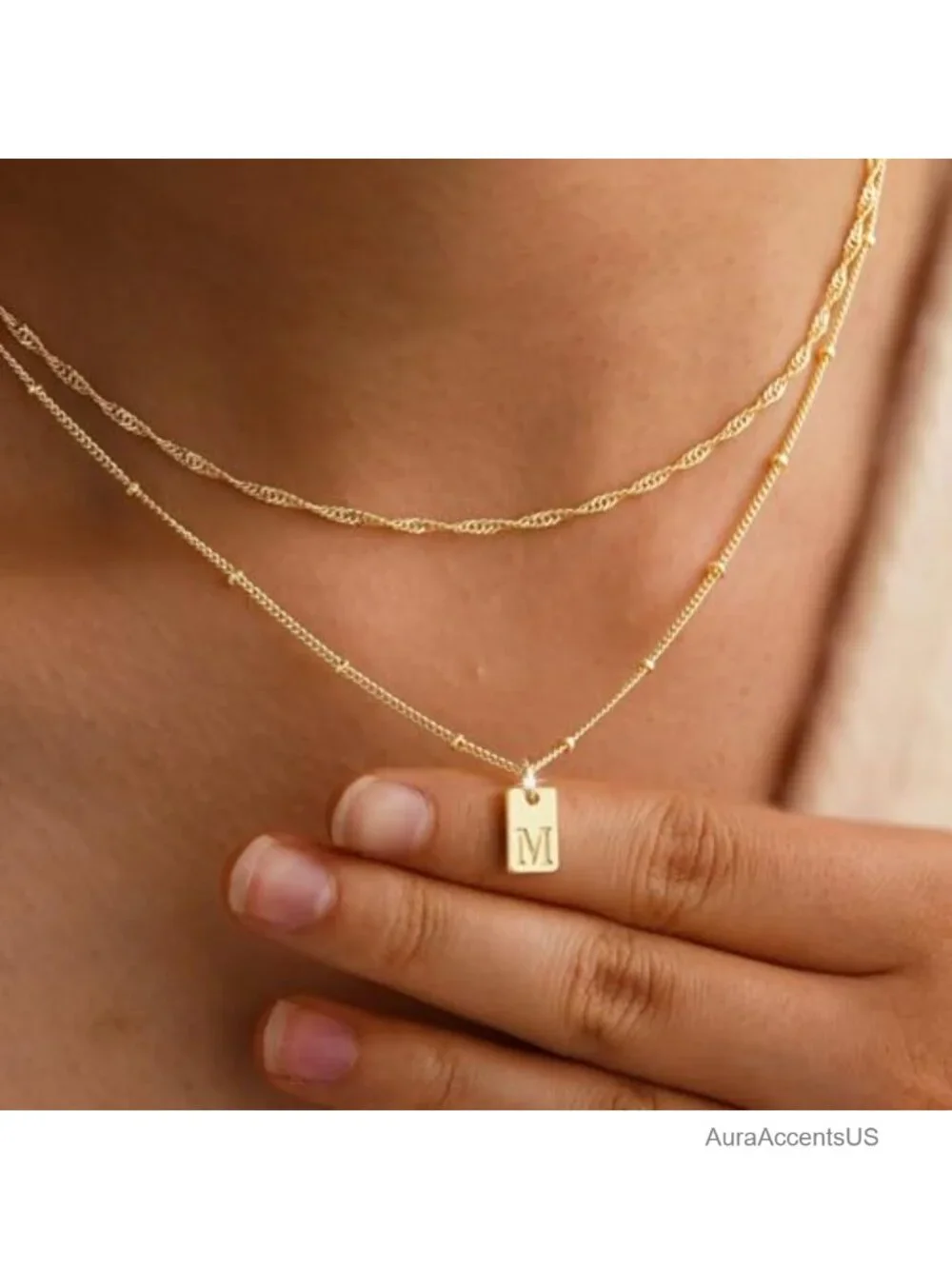 Layered Initial Necklace 14K Gold Plated Pendant Women